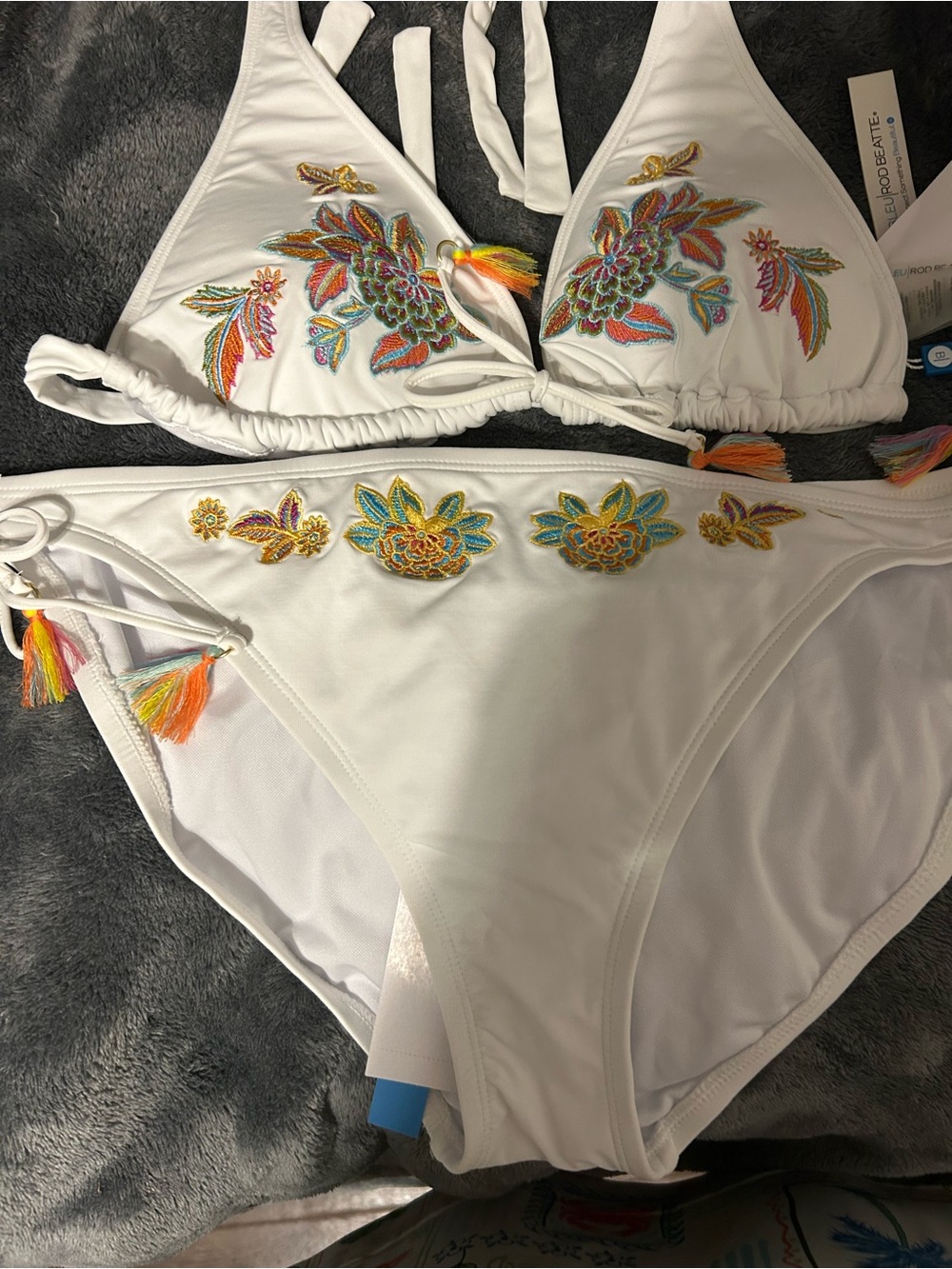 Blue Rod Beattie White Embroidered Tassel Bikini Set